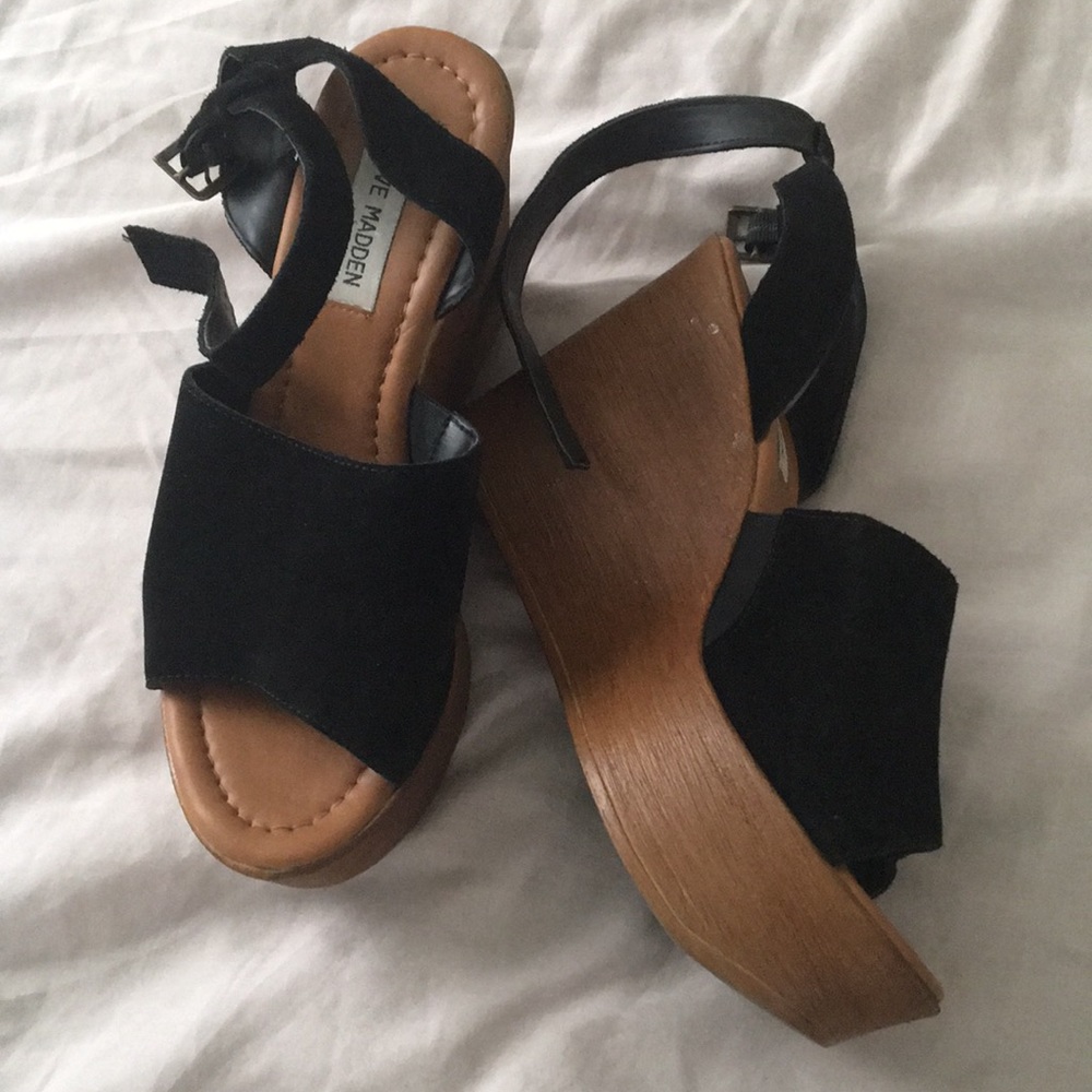 Steve Madden black suede wedge sandals. 8